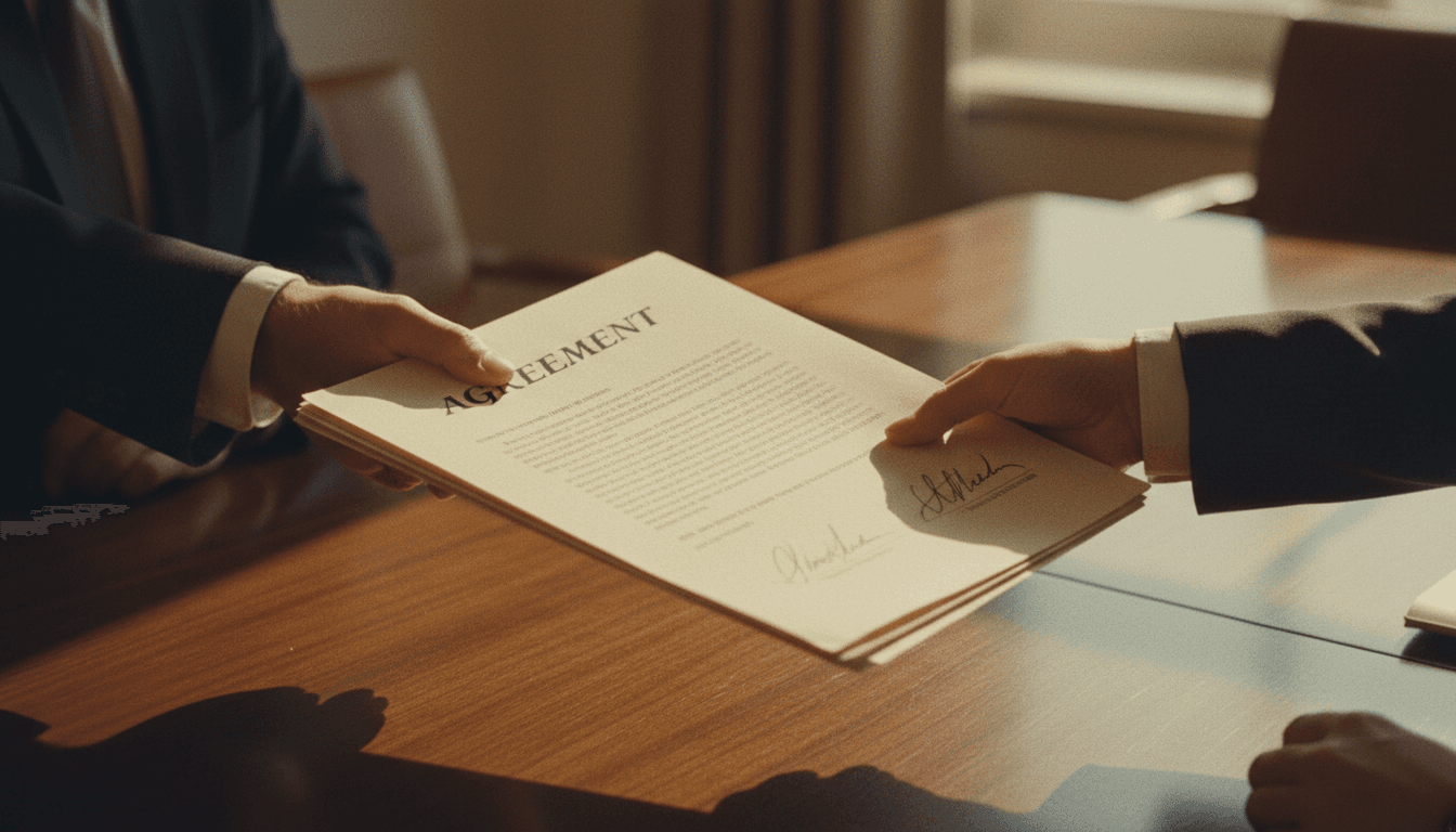 Hands exchanging signed business documents