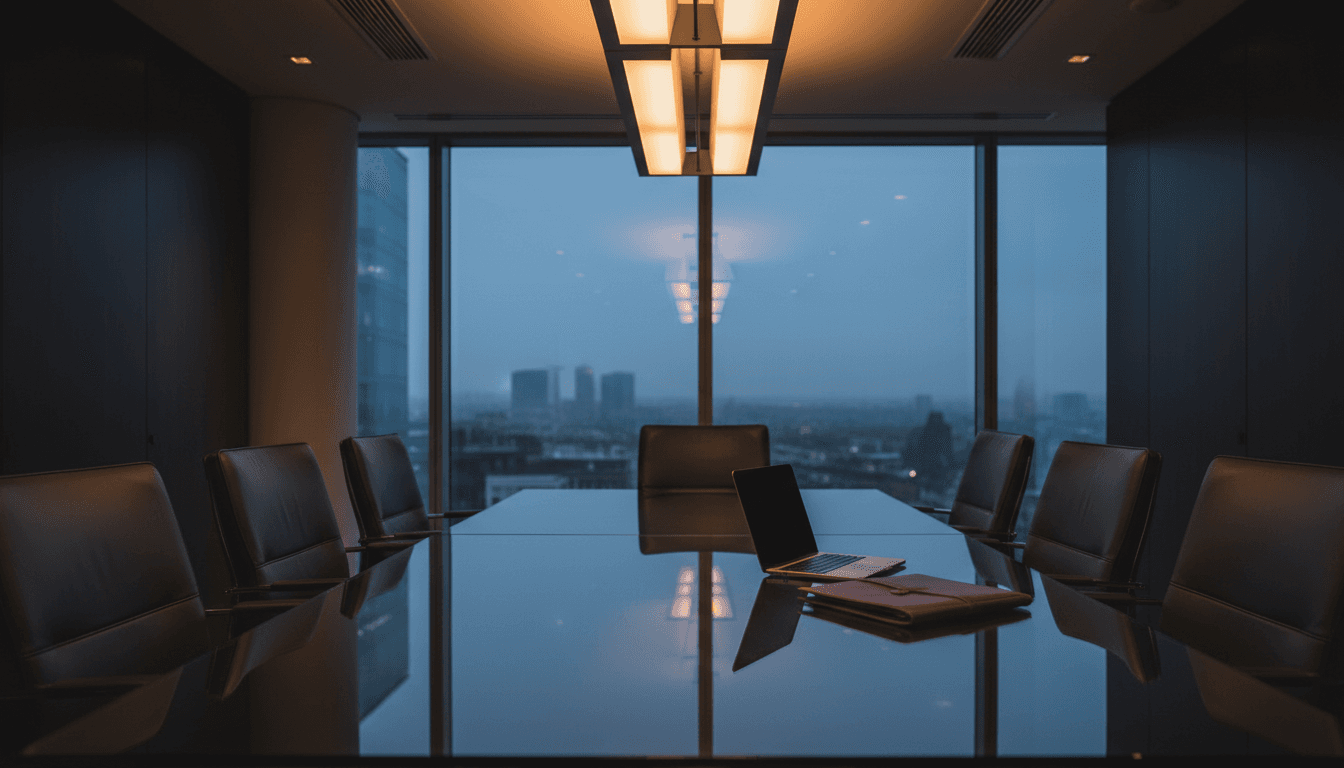 Modern London office conference room with polished glass table and leather chairs, bathed in warm directional lighting