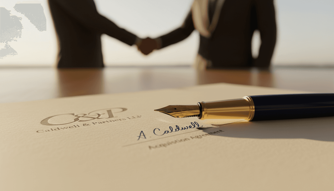 Close-up of a fountain pen on signed acquisition documents with handshake in the background
