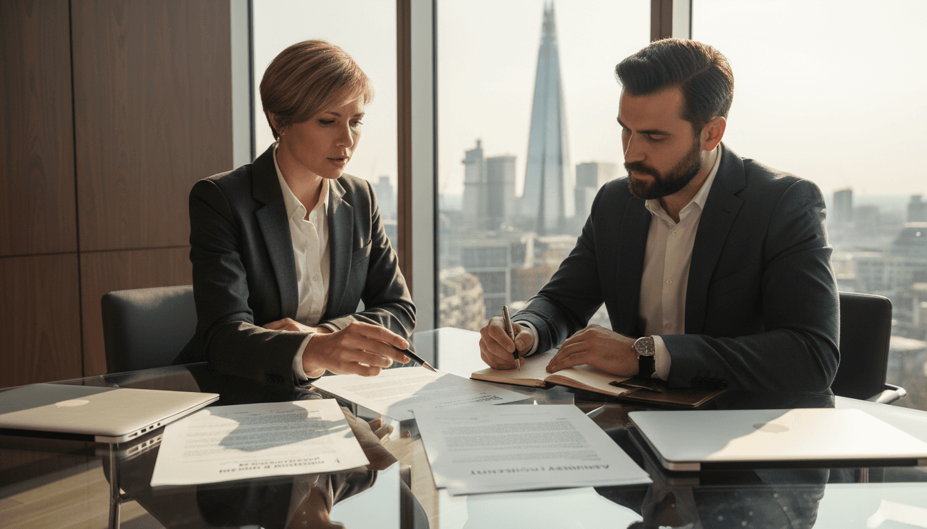 Business professionals reviewing acquisition documents in a modern London office with city views