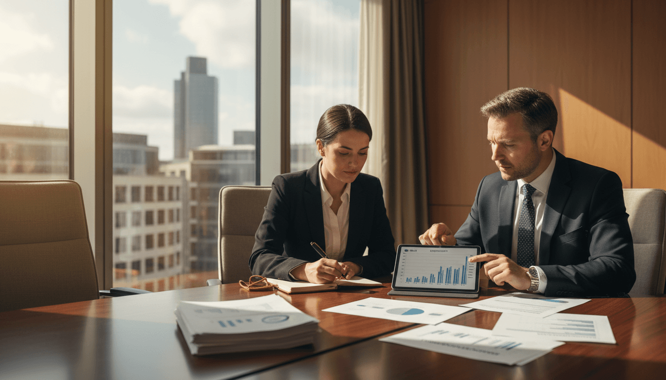 Two professionals reviewing acquisition documents at a wooden conference table in a modern London office