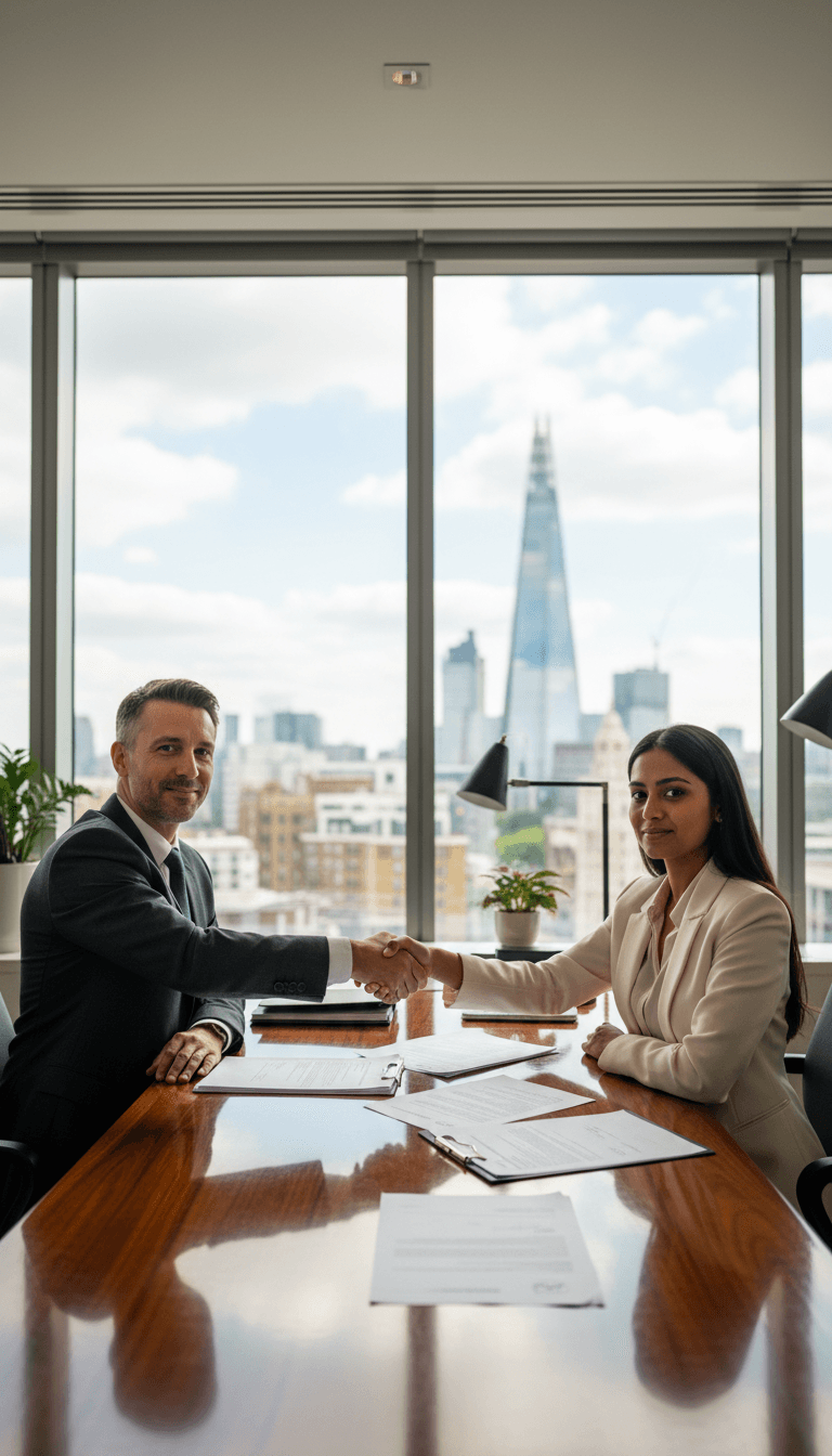Two professionals shaking hands over acquisition documents in a London office